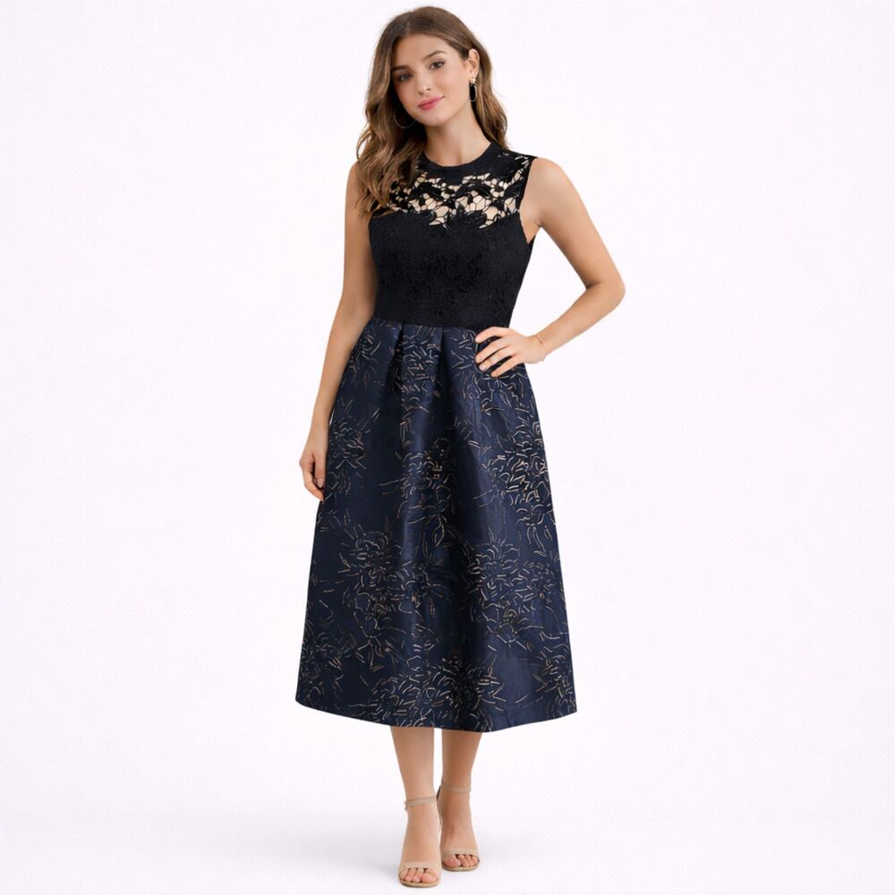 Hutch Kat Metallic Tie Back Elegant Jacquard Dress Navy Black 4
